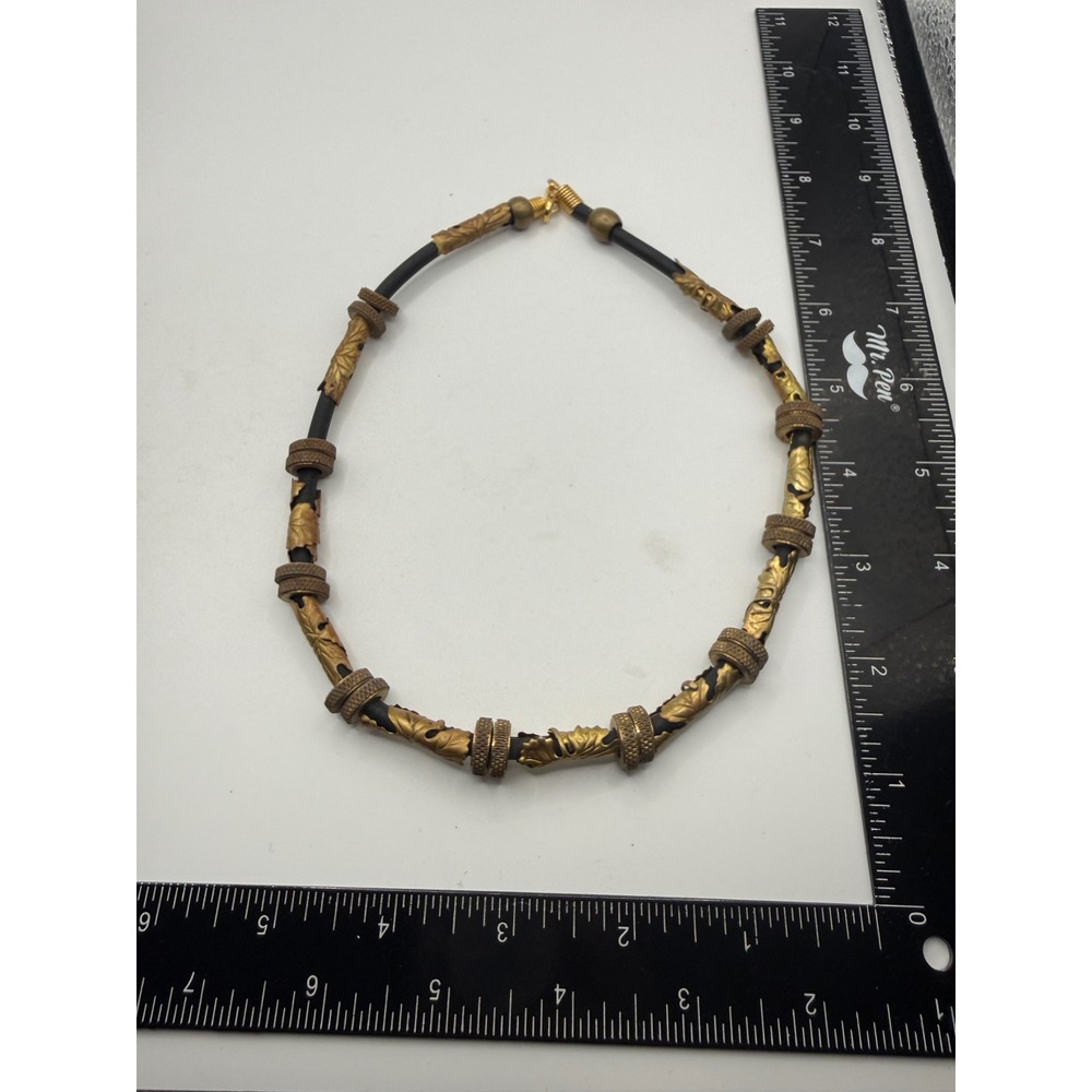 Vintage Gold Tone Leaf Filigree Black Cord Choker Necklace Knurled Bead Accents